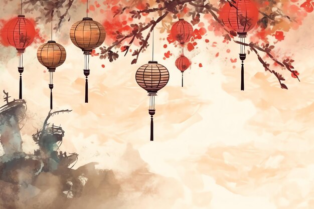 Photo chinese new year background with traditional lanterns sakura flowers and copy space lunar new year