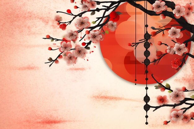 Photo chinese new year background with traditional lanterns sakura flowers and copy space lunar new year