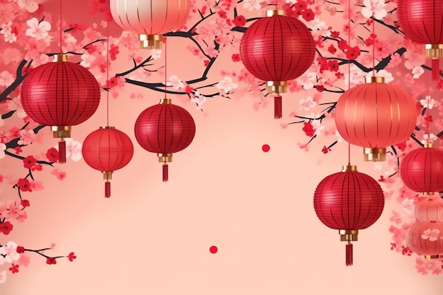 Photo chinese new year background with traditional lanterns sakura flowers and copy space lunar new year
