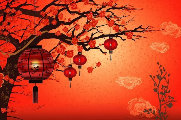 Chinese new year background with traditional lanterns sakura flowers and copy space Lunar new year