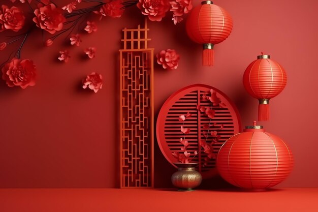 伝統的なランタン,サクラの花,コピースペースの中国新年の背景