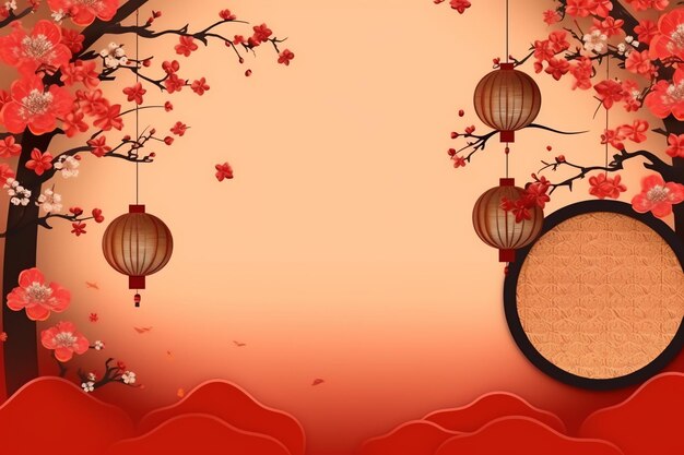 Chinese new year background with traditional lanterns sakura flowers and copy space Lunar new year