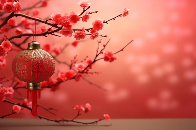 Chinese new year background with traditional lanterns sakura flowers and copy space lunar new year