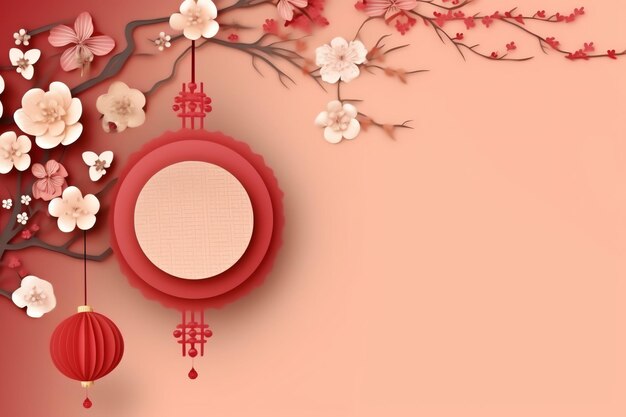 Chinese new year background with traditional lanterns sakura flowers and copy space Lunar new year