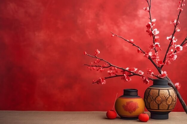 Chinese new year background with traditional lanterns sakura flowers and copy space lunar new year