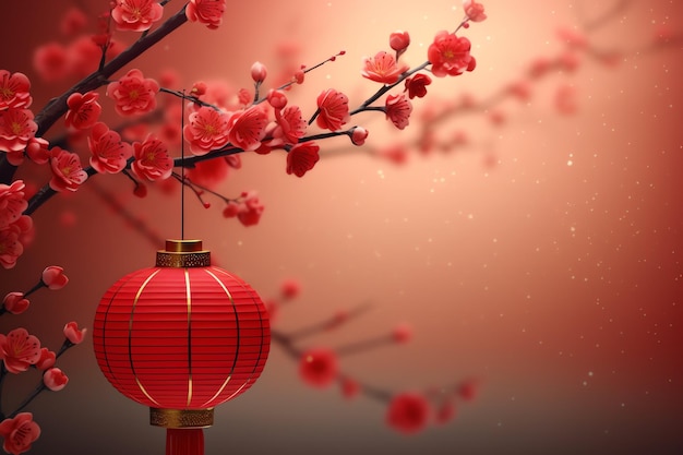 Chinese new year background with traditional lanterns sakura flowers and copy space lunar new year