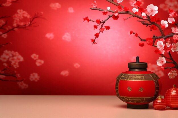 Chinese new year background with traditional lanterns sakura flowers and copy space lunar new year