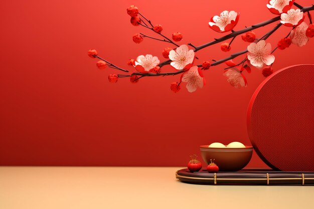 Chinese new year background with traditional lanterns sakura flowers and copy space lunar new year