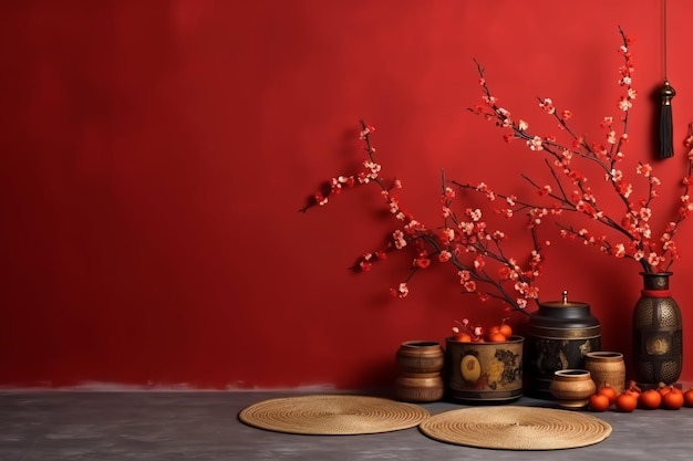 Chinese new year background with traditional lanterns sakura flowers and copy space Lunar new year