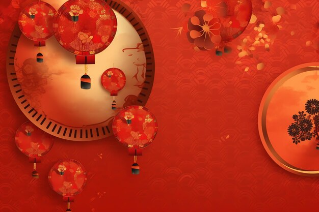Foto sfondo del nuovo anno cinese con lanterne tradizionali fiori di sakura e copia spazio nuovo anno lunare