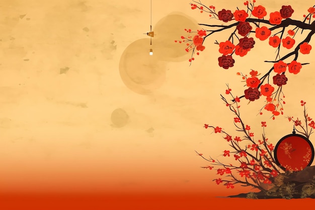 Chinese new year background with traditional lanterns sakura flowers and copy space Lunar new year