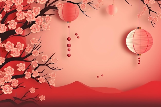 Chinese new year background with traditional lanterns sakura flowers and copy space Lunar new year