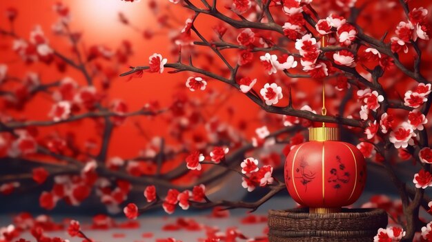 Chinese new year background with traditional lanterns sakura flowers and copy space lunar new year