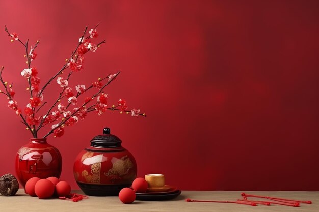 Chinese new year background with traditional lanterns sakura flowers and copy space lunar new year