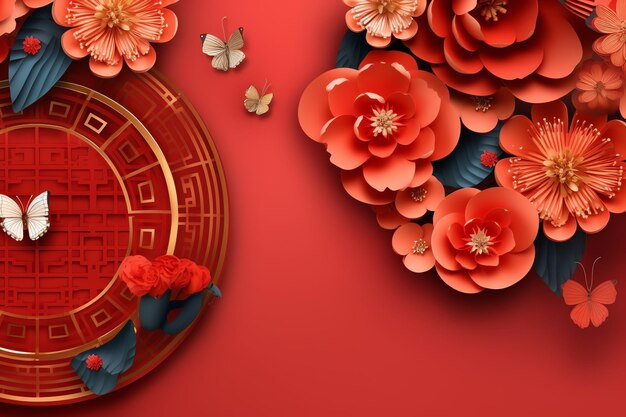 Chinese new year background with traditional lanterns sakura flowers and copy space Lunar new year