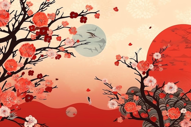 Chinese new year background with traditional lanterns sakura flowers and copy space Lunar new year