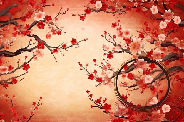 Chinese new year background with traditional lanterns sakura flowers and copy space Lunar new year