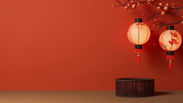 Chinese new year background with traditional lanterns sakura flowers and copy space lunar new year