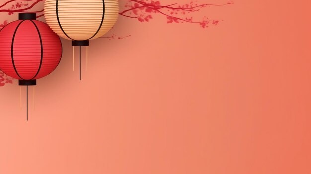 Chinese new year background with traditional lanterns sakura flowers and copy space Lunar new year