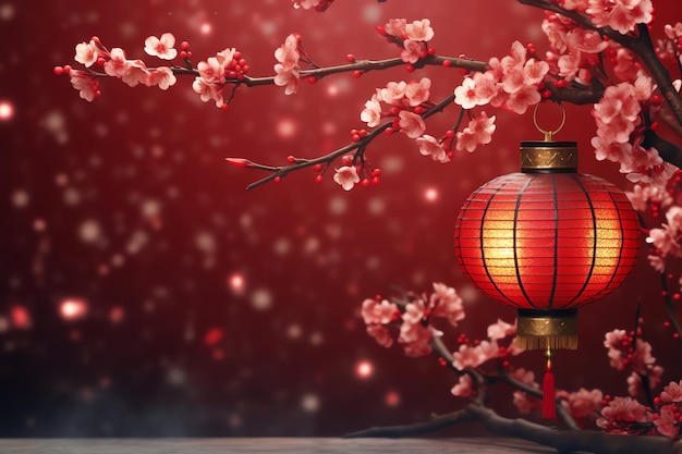 Chinese new year background with traditional lanterns sakura flowers and copy space Lunar new year