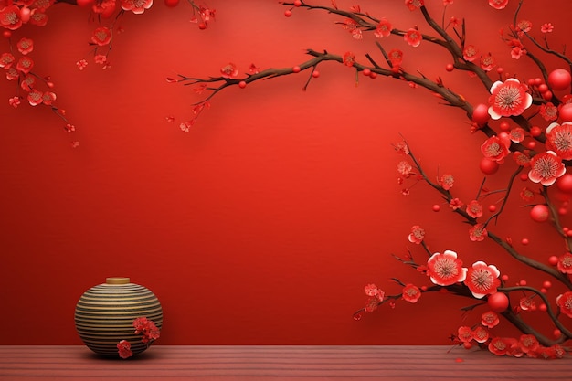 Chinese new year background with traditional lanterns sakura flowers and copy space Lunar new year