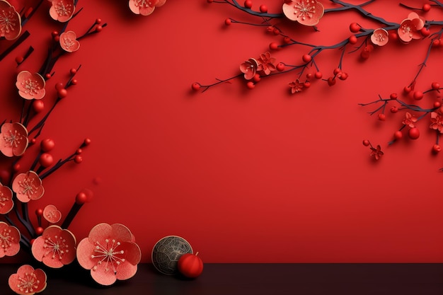 Chinese new year background with traditional lanterns sakura flowers and copy space Lunar new year