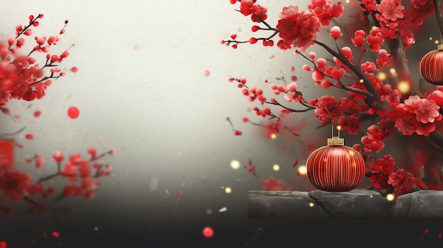 Chinese new year background with traditional lanterns sakura flowers and copy space Lunar new year