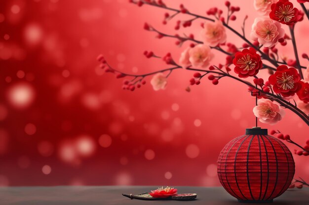 Chinese new year background with traditional lanterns sakura flowers and copy space Lunar new year