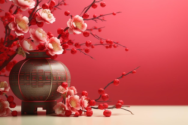 Chinese new year background with traditional lanterns sakura flowers and copy space Lunar new year