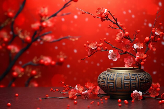 Chinese new year background with traditional lanterns sakura flowers and copy space Lunar new year