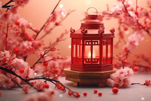 Chinese new year background with traditional lanterns sakura flowers and copy space Lunar new year