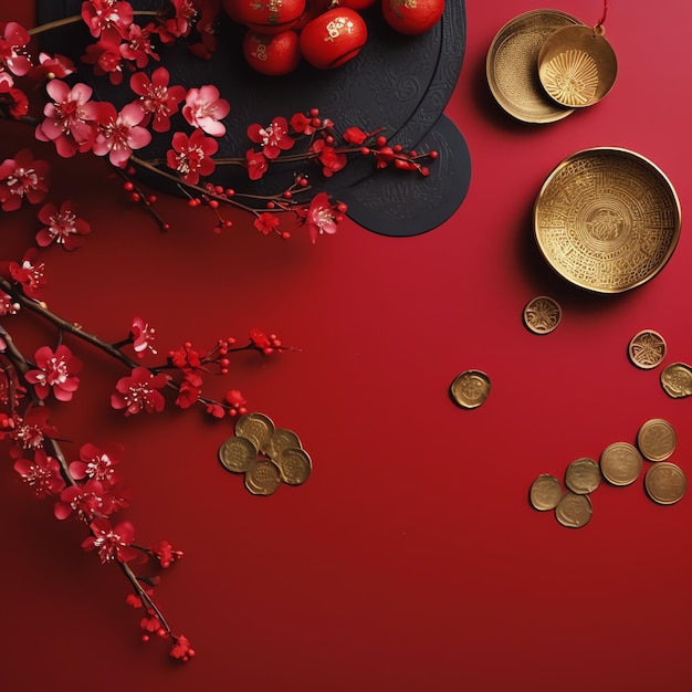 Foto sfondo del capodanno cinese con lanterne tradizionali fiori di sakura e copia dello spazio capodanno lunare