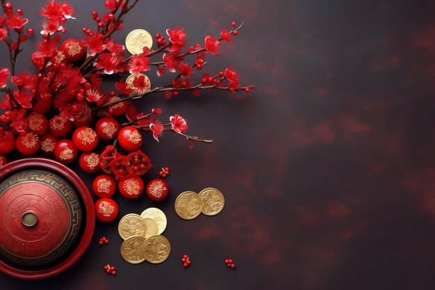 Chinese new year background with traditional lanterns sakura flowers and copy space Lunar new year