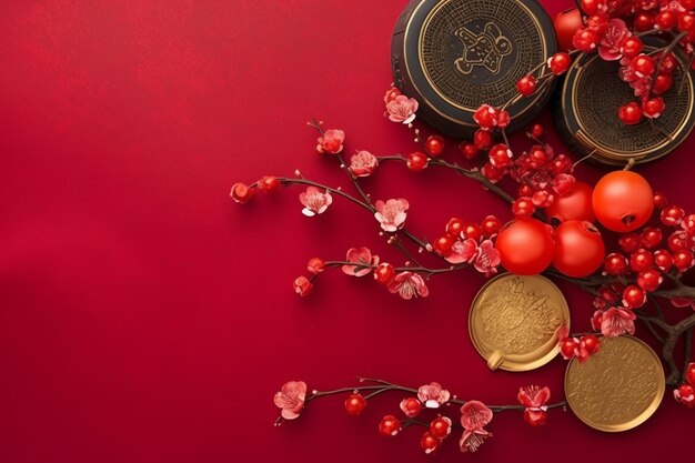 Chinese new year background with traditional lanterns sakura flowers and copy space lunar new year