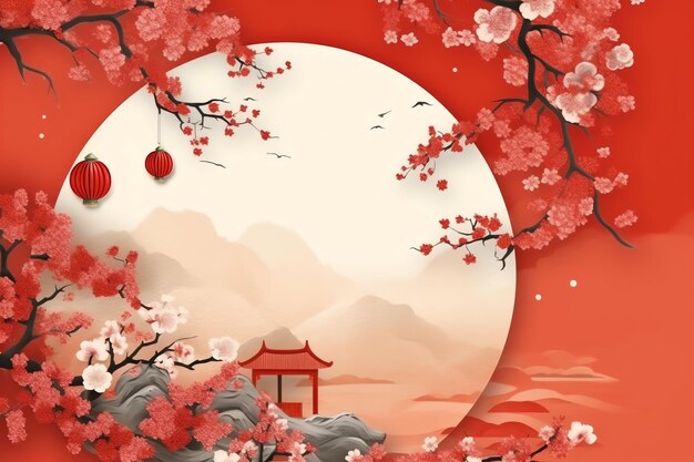 Chinese new year background with traditional lanterns sakura flowers and copy space lunar new year