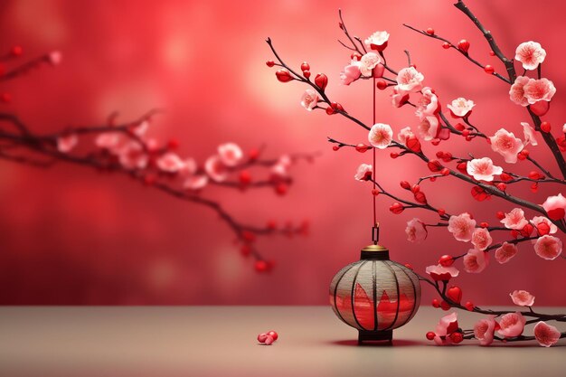 Chinese new year background with traditional lanterns sakura flowers and copy space lunar new year