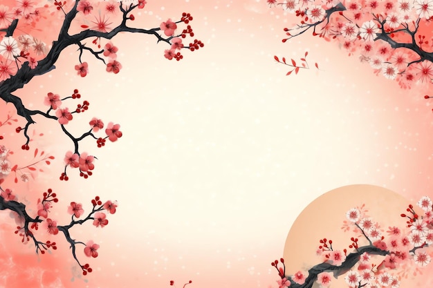 Chinese new year background with traditional lanterns sakura flowers and copy space Lunar new year