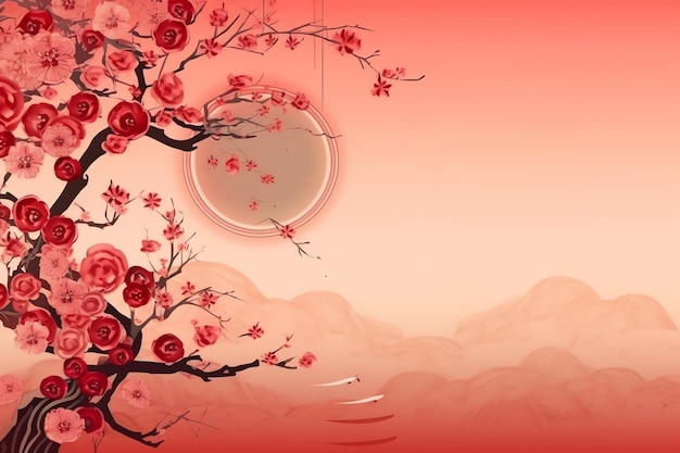 중국 신년 배경에는 전통적인 등불, 사쿠라 꽃, 복사 공간, 달 신년