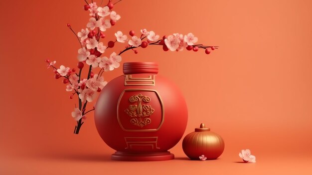 Chinese new year background with traditional lanterns sakura flowers and copy space lunar new year