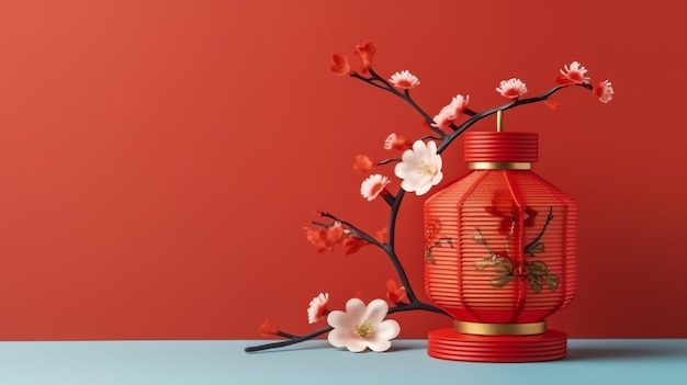 Photo chinese new year background with traditional lanterns sakura flowers and copy space lunar new year