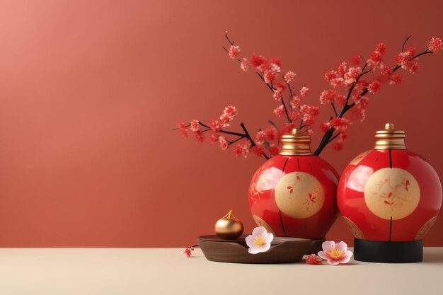 Chinese new year background with traditional lanterns sakura flowers and copy space lunar new year