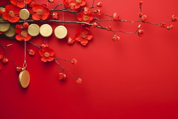 Chinese new year background with traditional lanterns sakura flowers and copy space lunar new year