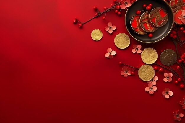 Chinese new year background with traditional lanterns sakura flowers and copy space lunar new year