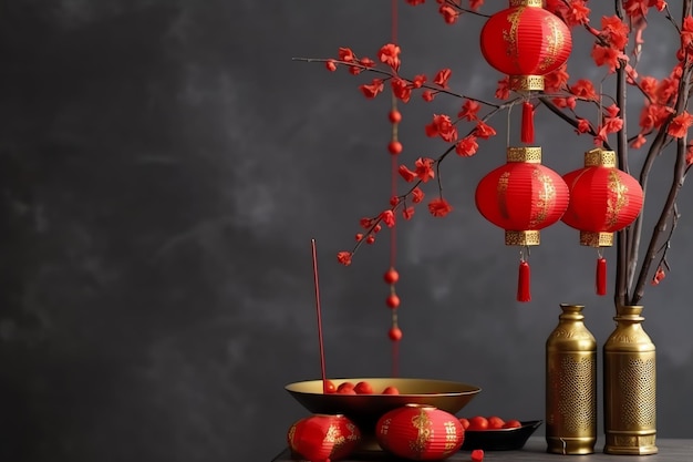 Foto sfondo del capodanno cinese con lanterne tradizionali fiori di sakura e copia dello spazio capodanno lunare