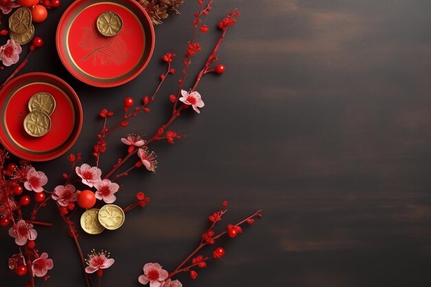 Chinese new year background with traditional lanterns sakura flowers and copy space Lunar new year