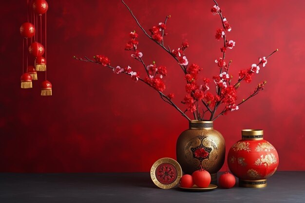 Chinese new year background with traditional lanterns sakura flowers and copy space lunar new year