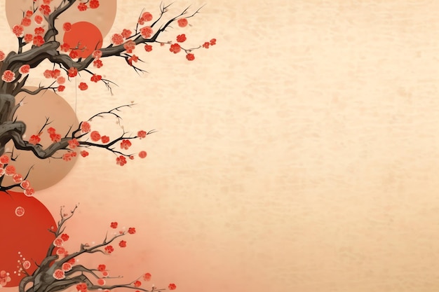 Chinese new year background with traditional lanterns sakura flowers and copy space Lunar new year