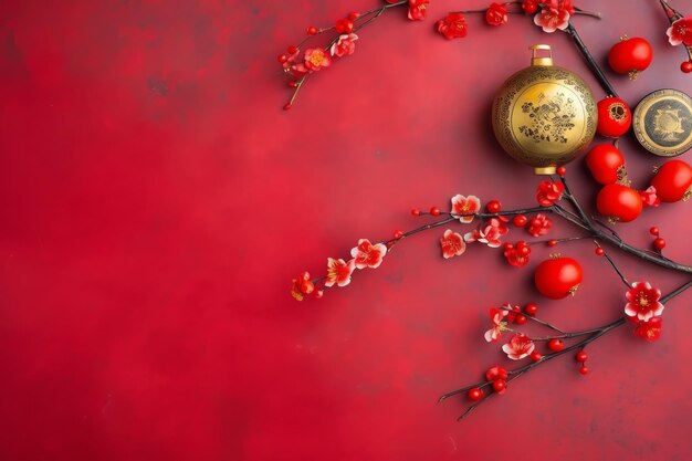 Chinese new year background with traditional lanterns sakura flowers and copy space lunar new year