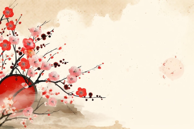 Photo chinese new year background with traditional lanterns sakura flowers and copy space lunar new year