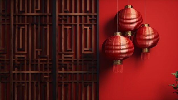 Photo chinese new year background with traditional lanterns sakura flowers and copy space lunar new year